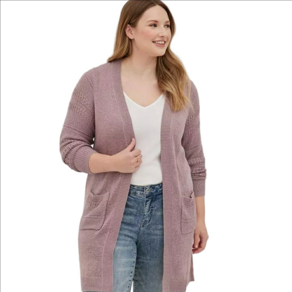 Torrid 0X Long Sweater Duster Open Front Knit Detail Cardigan 0X L 12 Feminine
